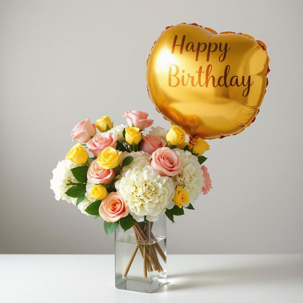A bouquet of white hydrangea, pink roses, and yellow spray roses with green leaves, and a gold 'Happy Birthday' balloon.