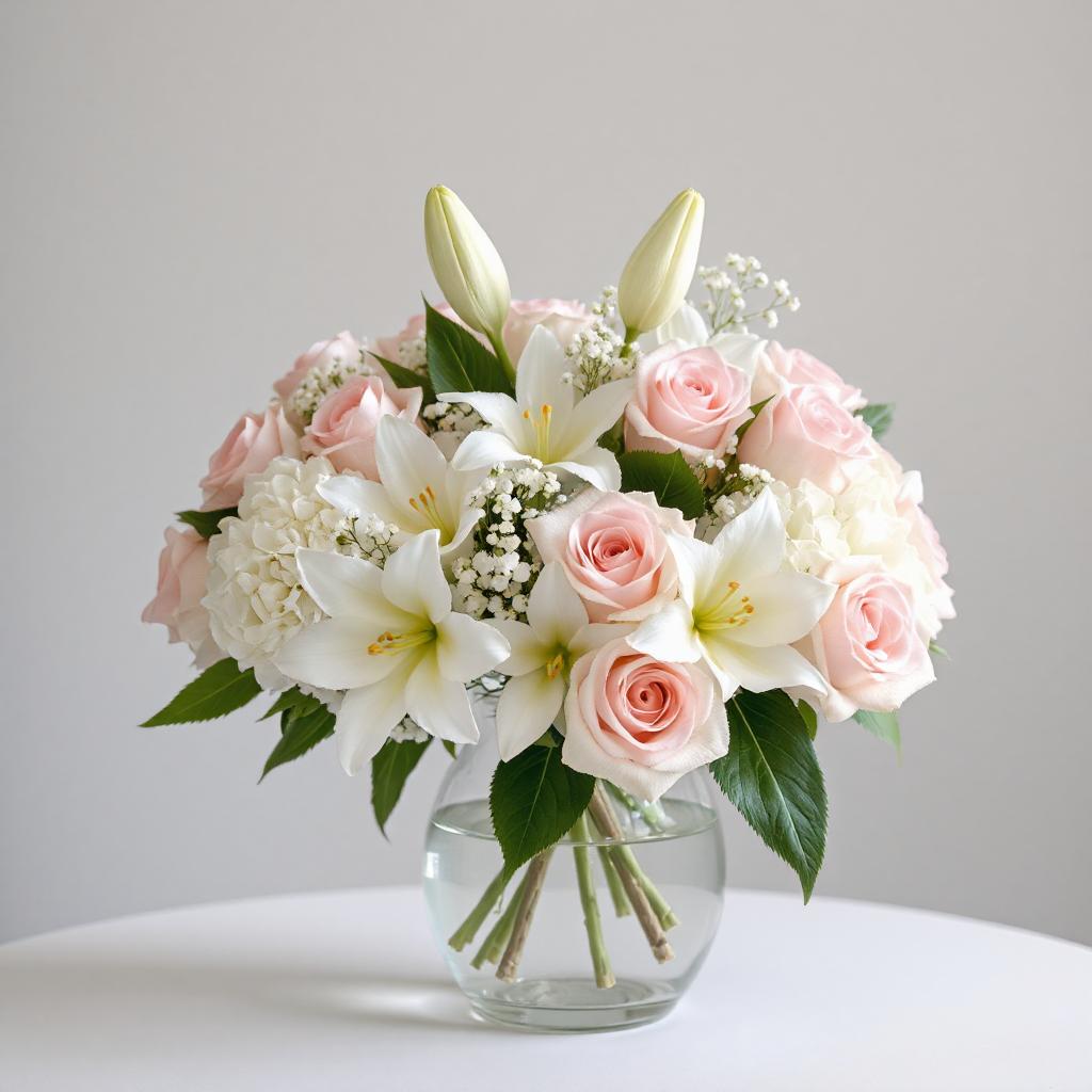 A bouquet of pink roses, white lilies, and white hydrangea arranged in a clear glass vase with green foliage.