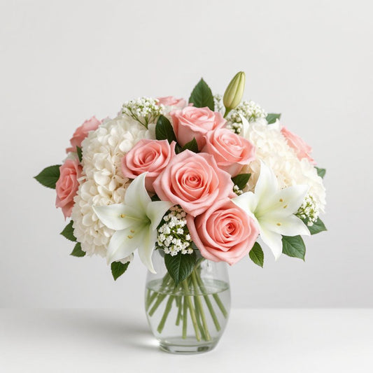 A bouquet of pink roses, white lilies, and white hydrangea arranged in a clear glass vase with green foliage.
