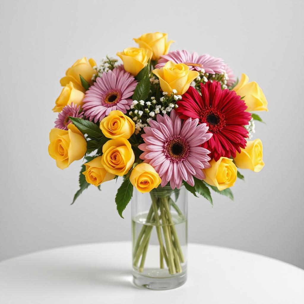 A clear glass vase containing a bouquet of yellow roses, yellow spray roses, pink gerbera daisies, and red gerbera daisies with green leaves and baby's breath.