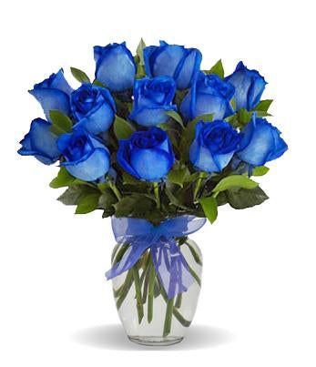Valentine Blue Rose Arrangement (1 dozen blue roses in vase) - Flower Story