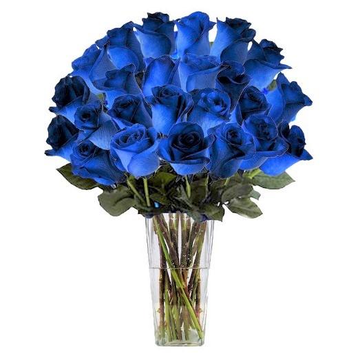 Two dozen blue roses arranged in a large clear glass vase with lush greenery — elegant romantic bouquet for anniversaries or Valentine’s Day