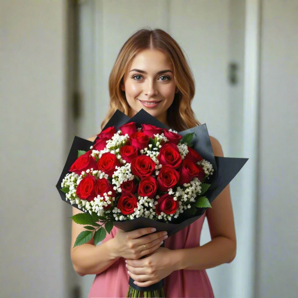 A person holding a bouquet of long-stemmed red and white roses.