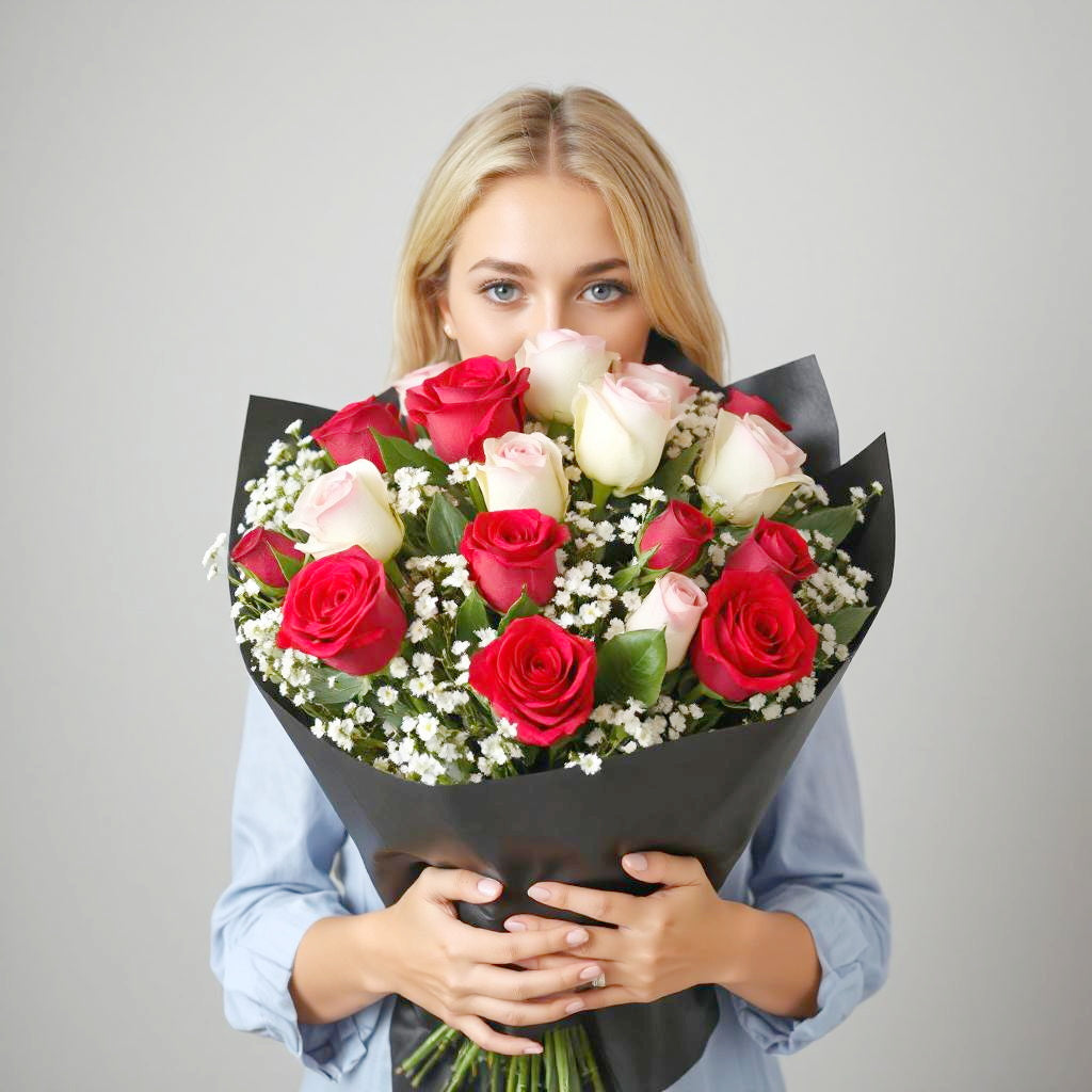 Valentine's Elegant Mixed Rose Bouquet (Hand tied bouquet)