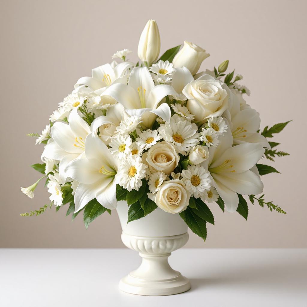 A white floral sympathy arrangement featuring a urn with white roses, white lilies, and white daisies, accented with green leaves.