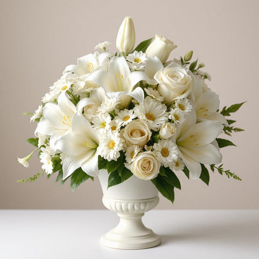 A white floral sympathy arrangement featuring a urn with white roses, white lilies, and white daisies, accented with green leaves.