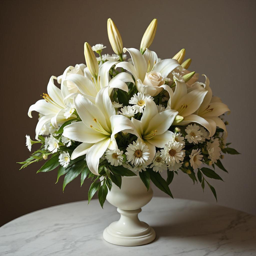A white floral sympathy arrangement featuring a urn with white roses, white lilies, and white daisies, accented with green leaves.