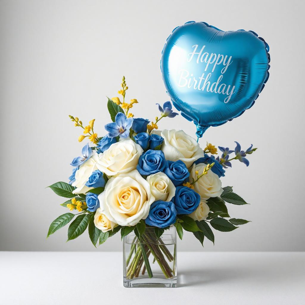 A bouquet of white and blue roses with blue dendrobium orchids, arranged in a clear glass vase and adorned with a 'Happy Birthday' balloon.