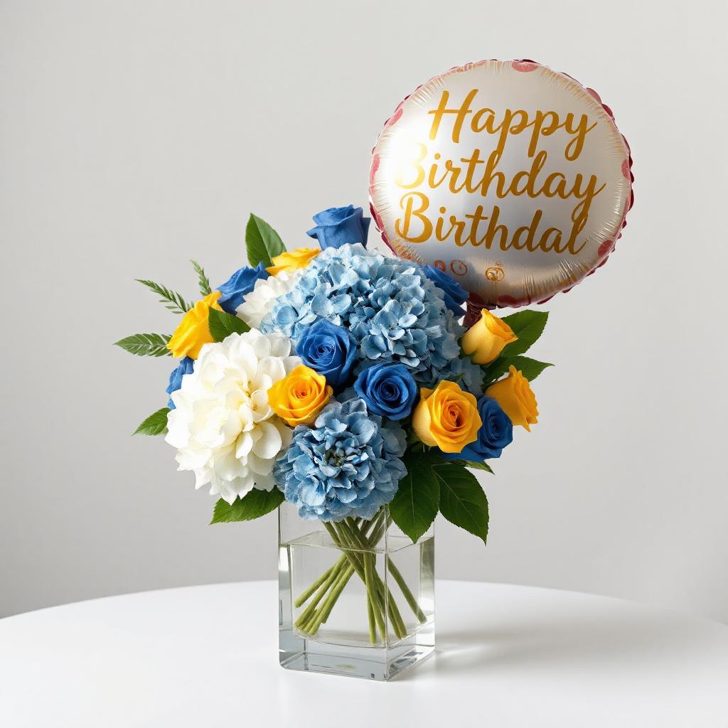 Birthday Wishes Bouquet with white blue hydrangeas dark blue and yellow roses and birthday balloon.