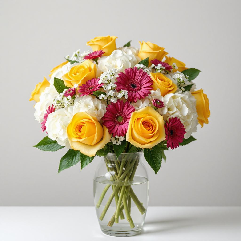 Sunlit Bliss Bouquet with yellow roses pink gerbera daisies hydrangea vase Toronto flower delivery
