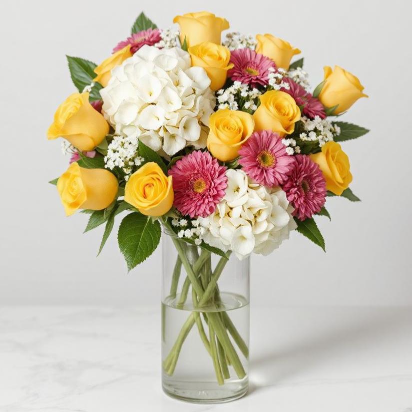 Sunlit Bliss Bouquet with yellow roses pink gerbera daisies hydrangea vase Toronto flower delivery