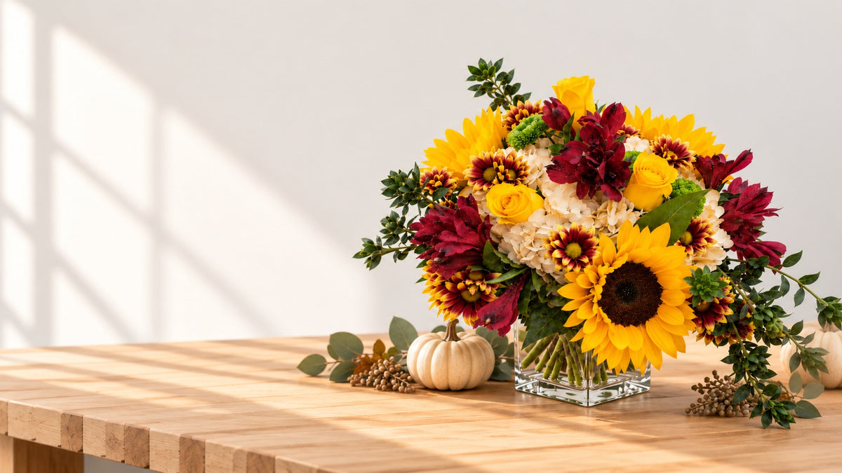 Sunflower and autumn flower arrangement in a glass vase on a light wood table, styled with small pumpkins and greenery against a soft neutral background.