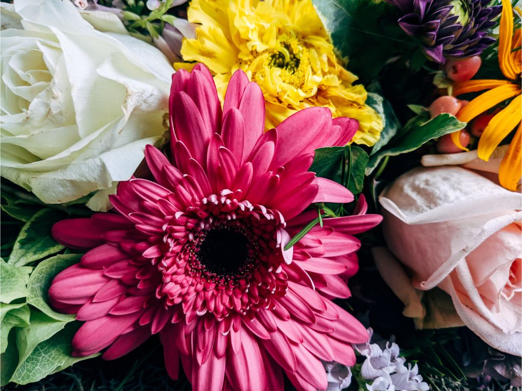 Flower delivery in Toronto. Pink, and yellow bouquet with roses.