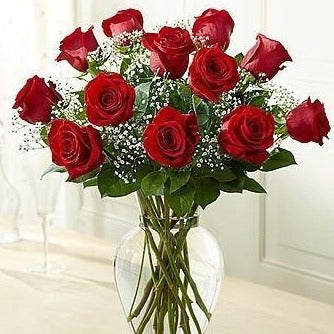 One Dozen Roses In Vase With Baby's Breath - Flower Story