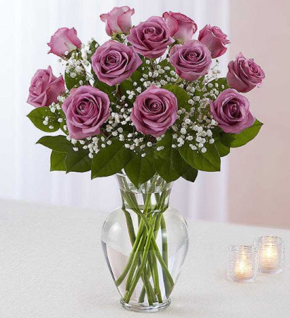 One Dozen Roses In Vase With Baby's Breath (Variety of colors available)