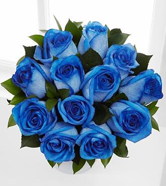 Dozen Boxed Premium Roses – 12 blue long-stemmed roses in elegant rose box.