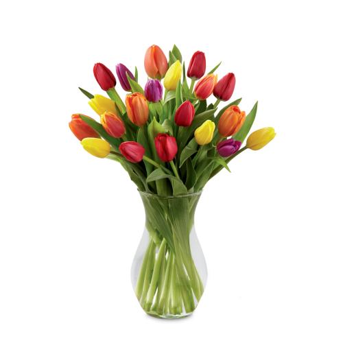 A vibrant bouquet of fresh tulips in a glass vase, perfect for birthdays and celebrations.