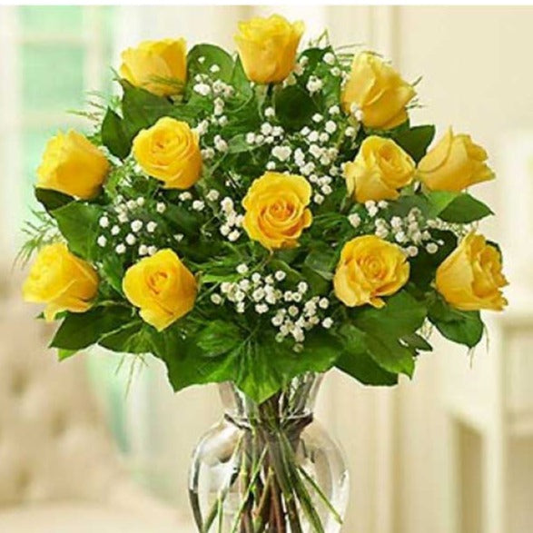 One Dozen Yellow Rose Bouquet (with baby's breath) - Flower Story