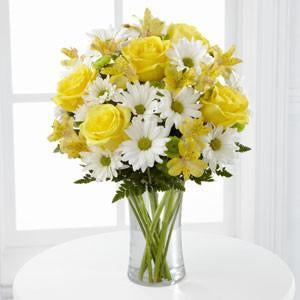 Sunny Sentiments Bouquet with yellow roses daisies in vase